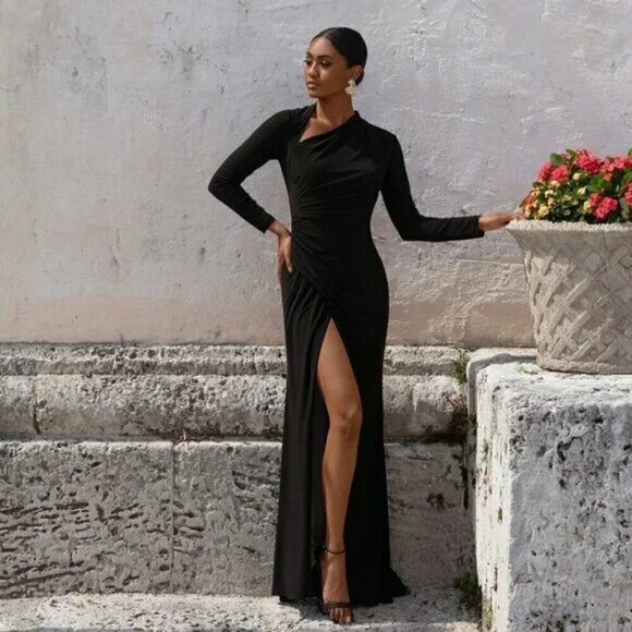 BETSY & ADAM Asymmetric Single Long Sleeve Gown in Black Size US 8 - Picture 13 of 15